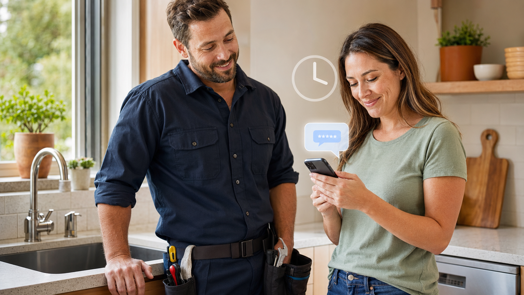 A service professional and homeowner in a kitchen, with the homeowner reading a review request on her phone next to a clock icon and five-star rating bubble