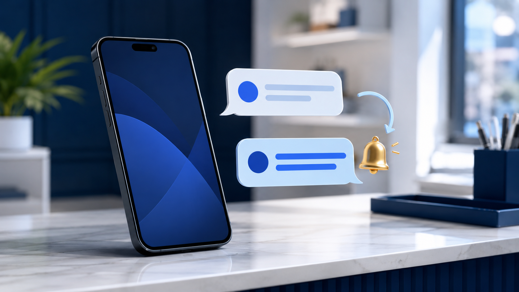 Smartphone on a desk with floating chat bubbles and a golden notification bell, representing SMS review request follow-up reminders
