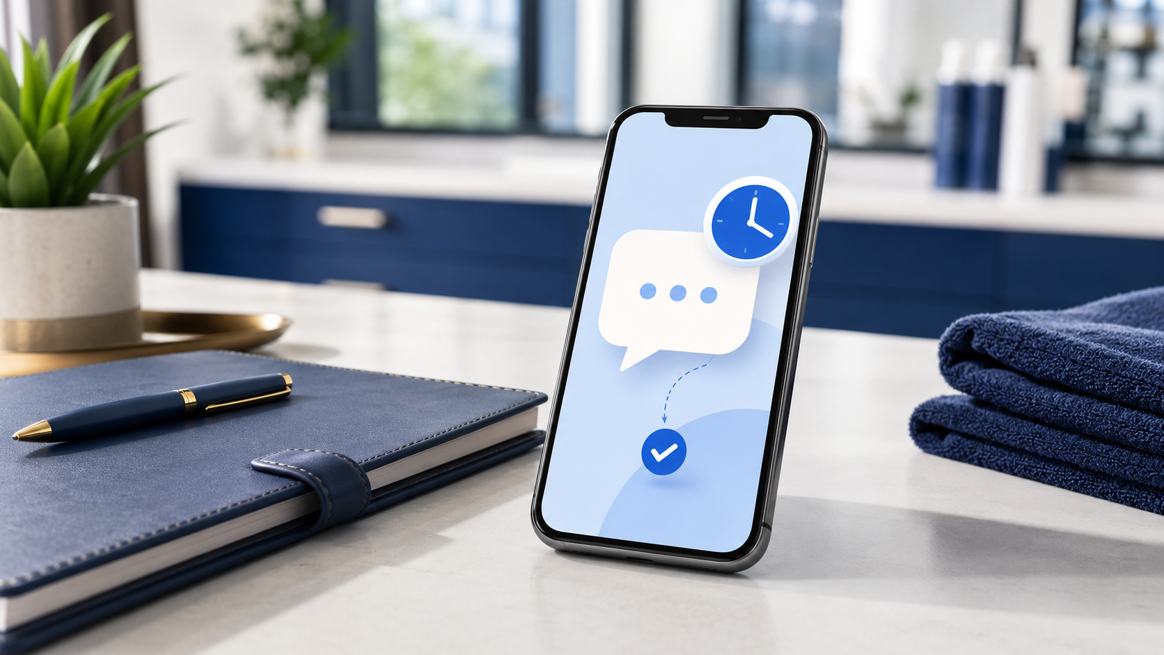 Smartphone on a desk showing a review request text message with a clock icon and checkmark, next to a notebook and pen
