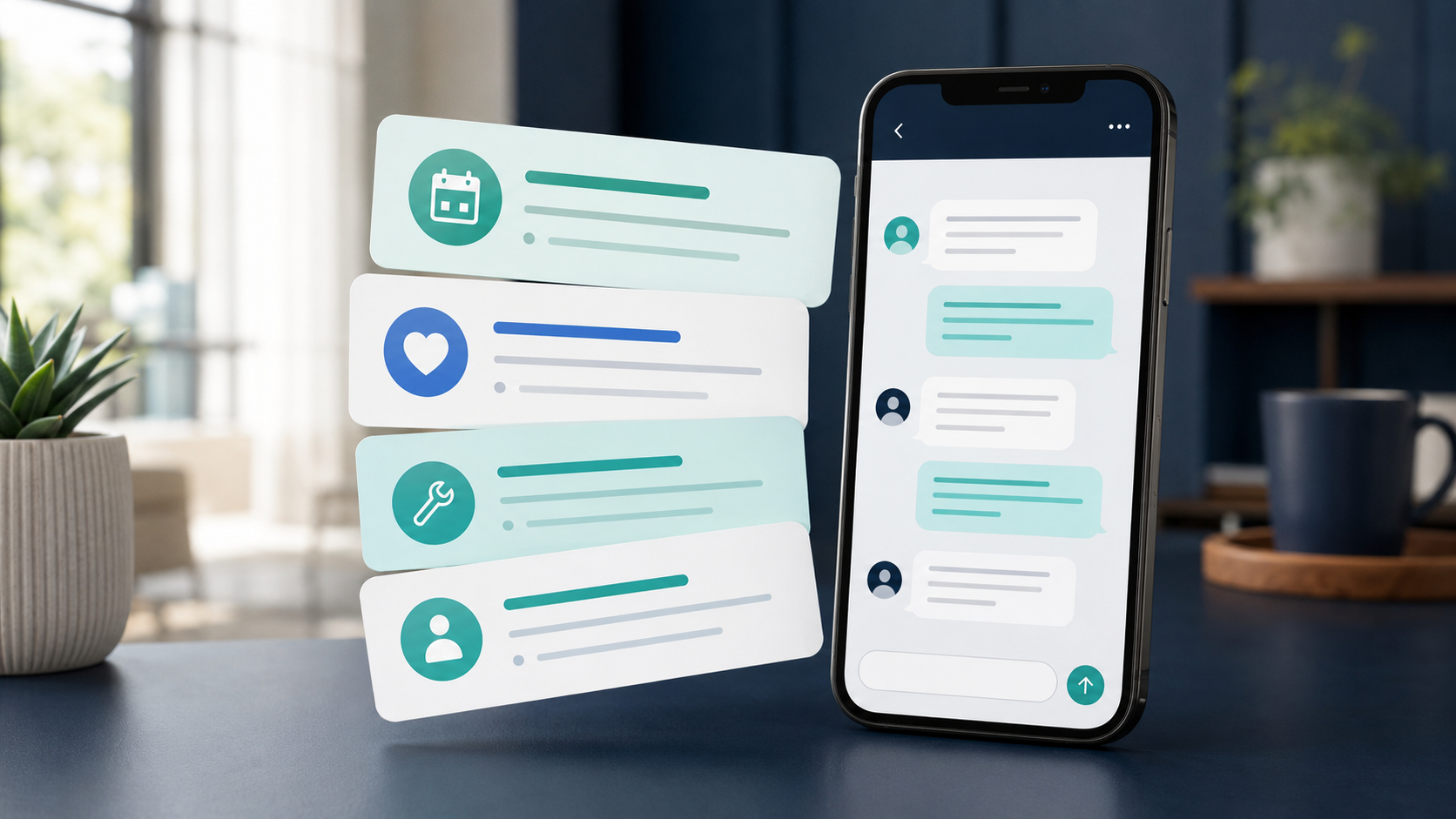 Smartphone showing a customer follow-up conversation next to stacked service reminder cards with calendar, heart, wrench, and person icons on a clean desk.