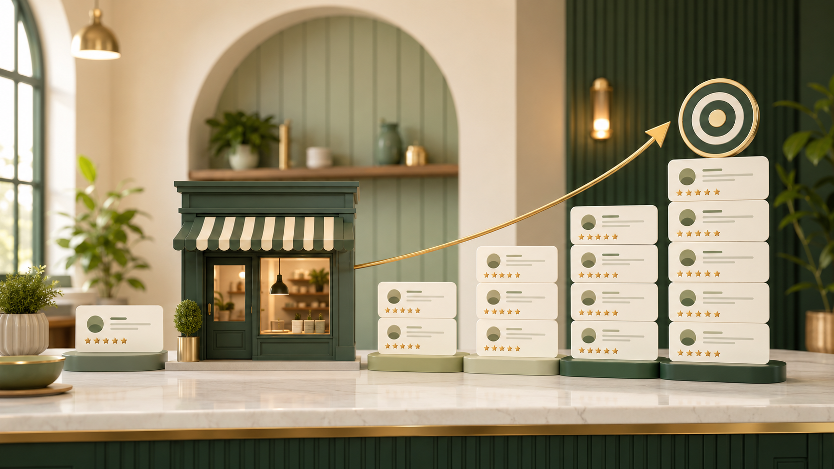 Cozy local storefront with stacked review cards rising toward a target, symbolizing how many Google reviews a local business needs to grow.