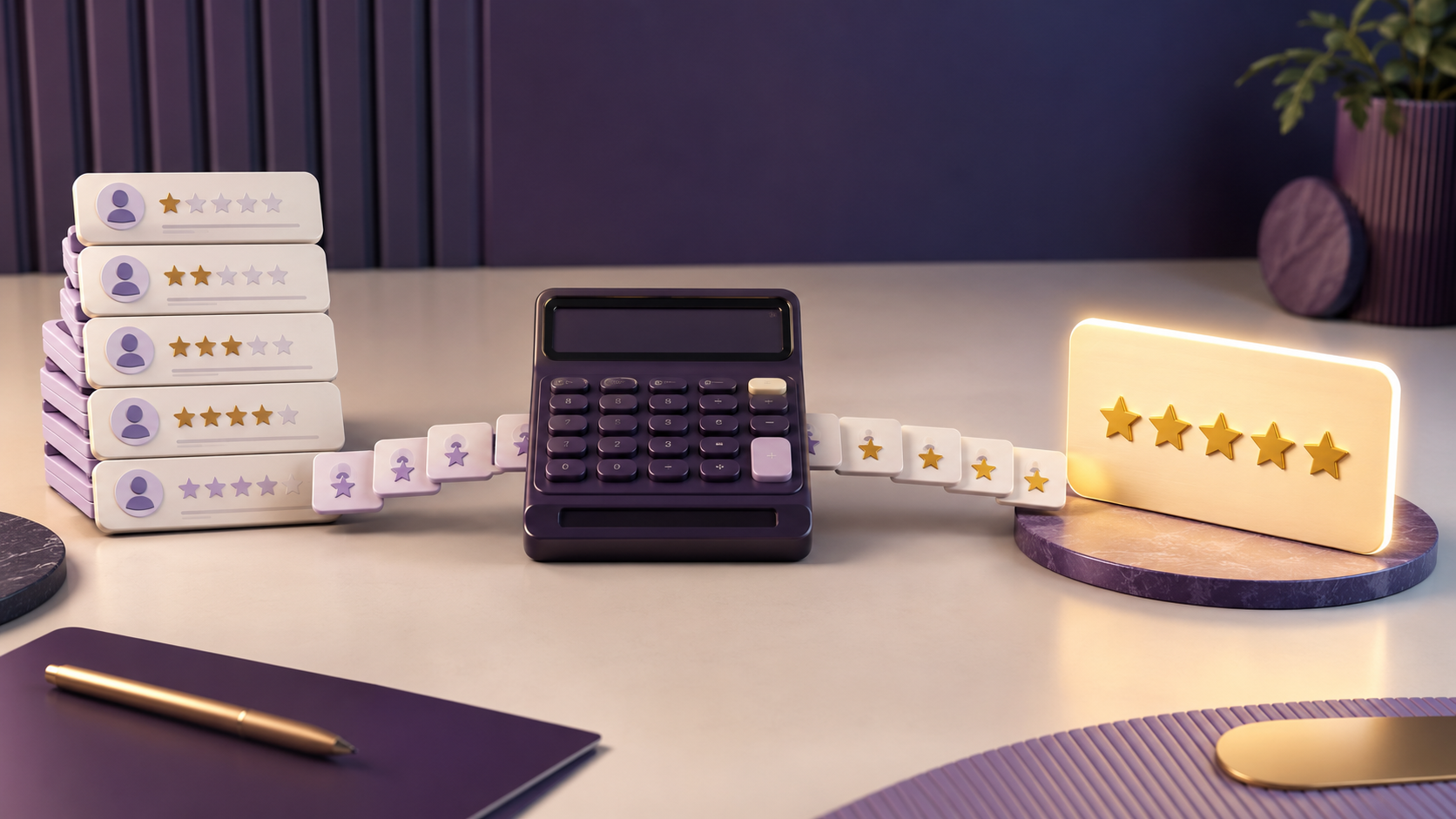 A calculator on a desk connected to stacked review cards, showing how many five-star reviews a business needs to raise its average rating.